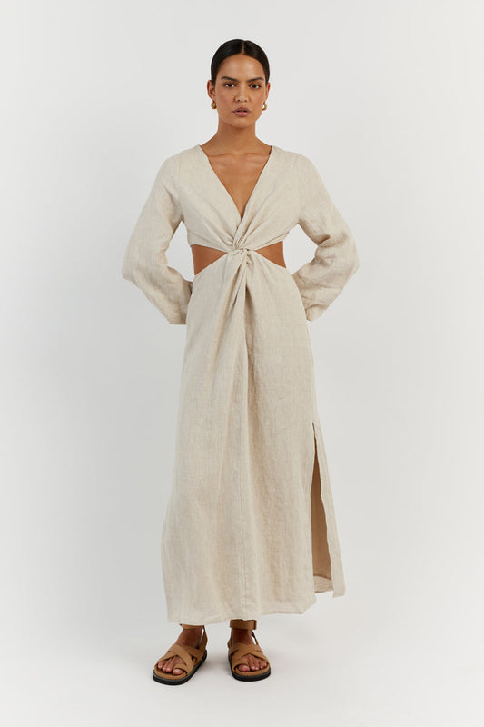 TINA WHITE LINEN MIDI DRESS Clothing DISSH Boutiques 12 NATURAL