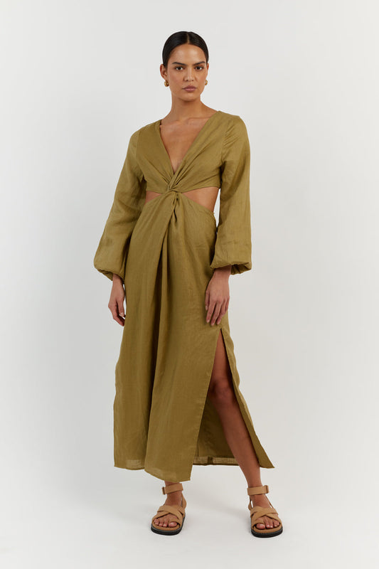 TINA OLIVE LINEN MIDI DRESS Clothing DISSH Boutiques 6 OLIVE