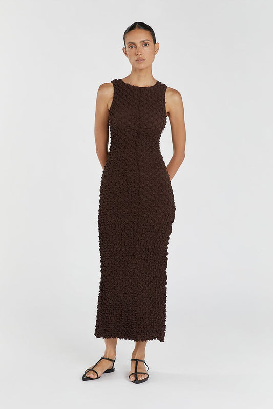 PRESLEY CHOC CREW NECK MIDI DRESS Clothing DISSH Boutiques L CHOCOLATE