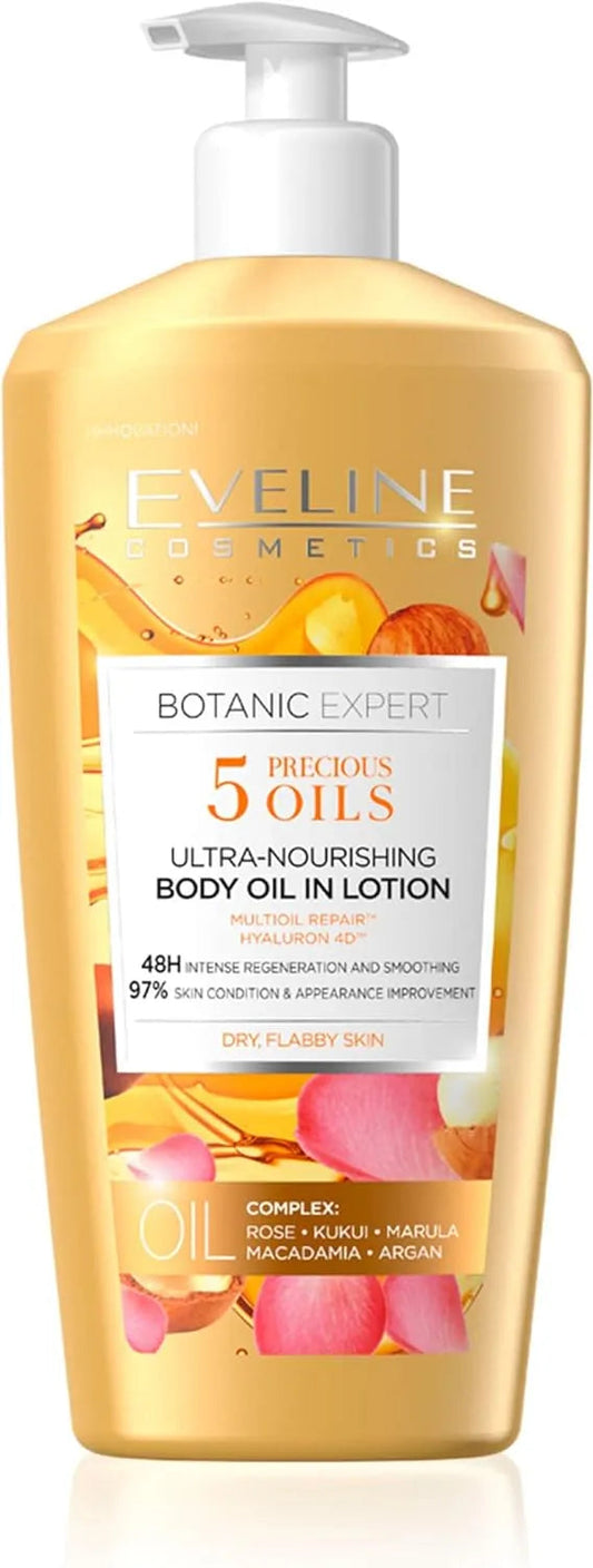Get Shiny and Smooth Skin with Eveline Cosmetics Botanic Expert 5 Elegant Oils Body Lotion - Nutrition, Moisture, Firming & Nourishment | 350 ml