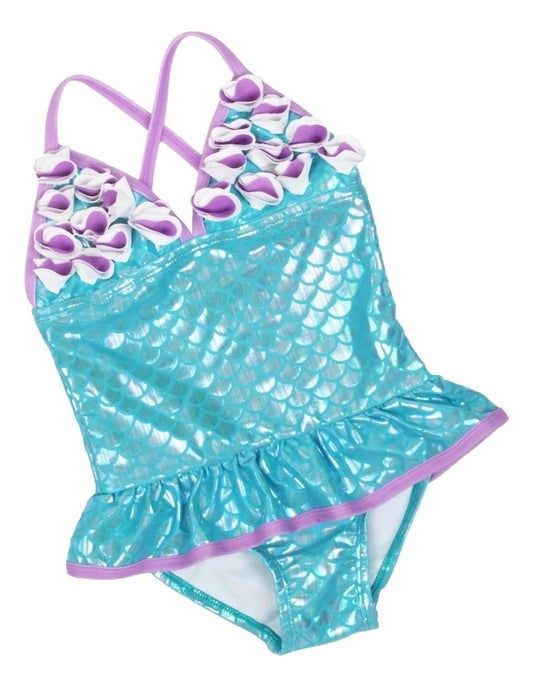 Floatmini Purple Floral Top Iridescent Aqua Mermaid Scales Tutu Girls Bathing Suit