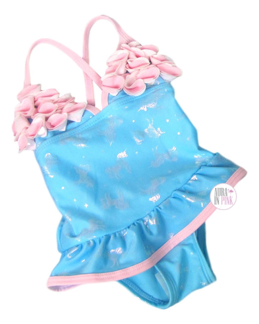 Floatmini Floral Top Pink & Baby Blue Iridescent Unicorns Tutu Toddler Bathing Suit