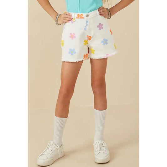 Colorful Flowers White Denim Short