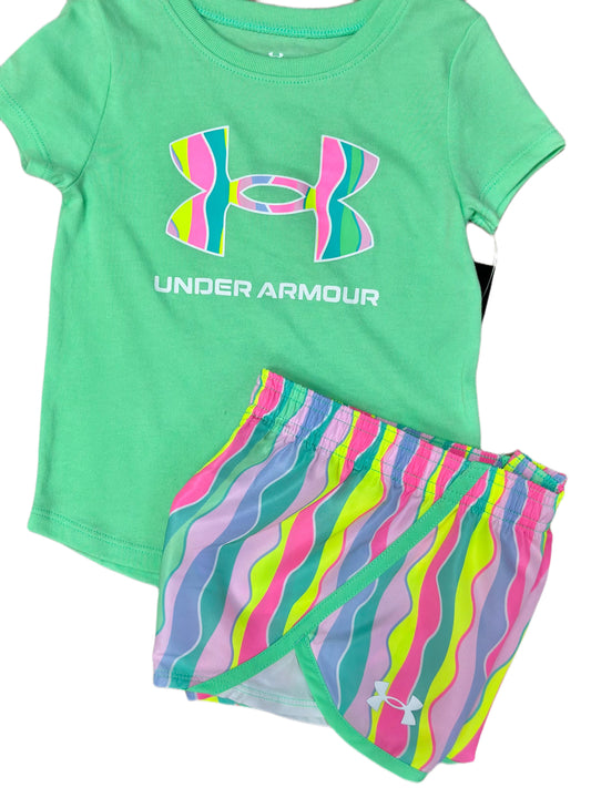 UA Girls Printed Short Set, Matrix Green