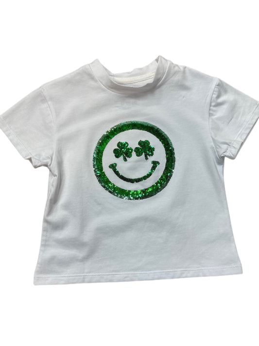 Sequin Smiley Clover Boxy Tee, White