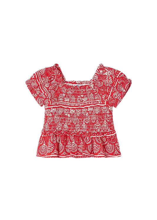 Printed Smocked Top, Red