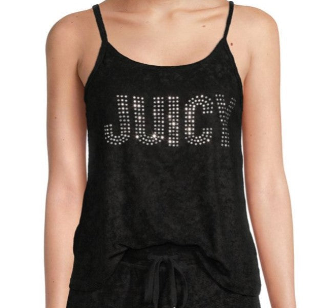 Juicy Couture Ladies Gunmetal Crystal Diamond Bling Black Velour Spaghetti Strap Tank & Pants 2-Piece Sleepwear Loungewear Set