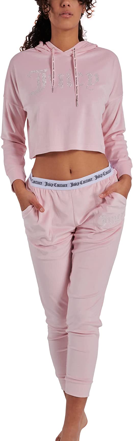 Juicy Couture Ladies Lola Crystal Diamond Bling Light Pink Velour 2-Piece Sleepwear Loungewear Set
