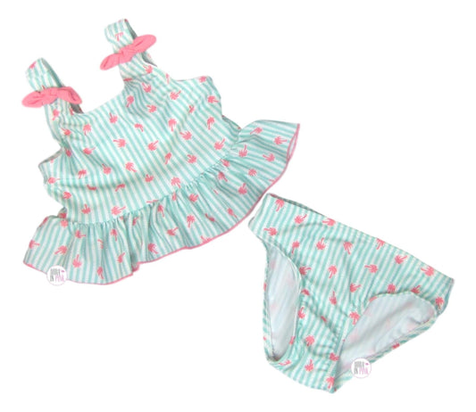 Mia & Miles Pink Palm Tree & Aqua Striped Tankini Toddler 2-Pc Bathing Suit - Size 2T