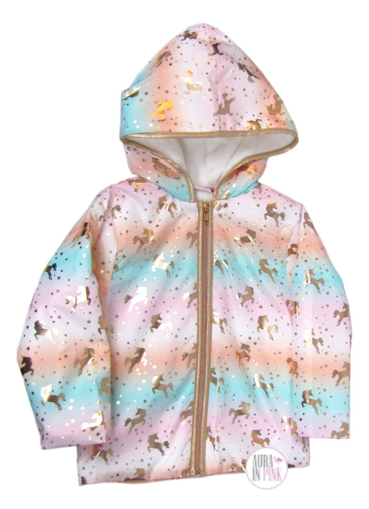Penelope Mack Pastel Cotton Candy Gold Unicorns Hooded Jacket w/Super Soft Plush Lining