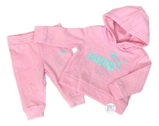 Puma Bubblegum Pink & Aqua Sparkle Cotton Fleece 2-Pc Jogging Suit w/Hoodie Set