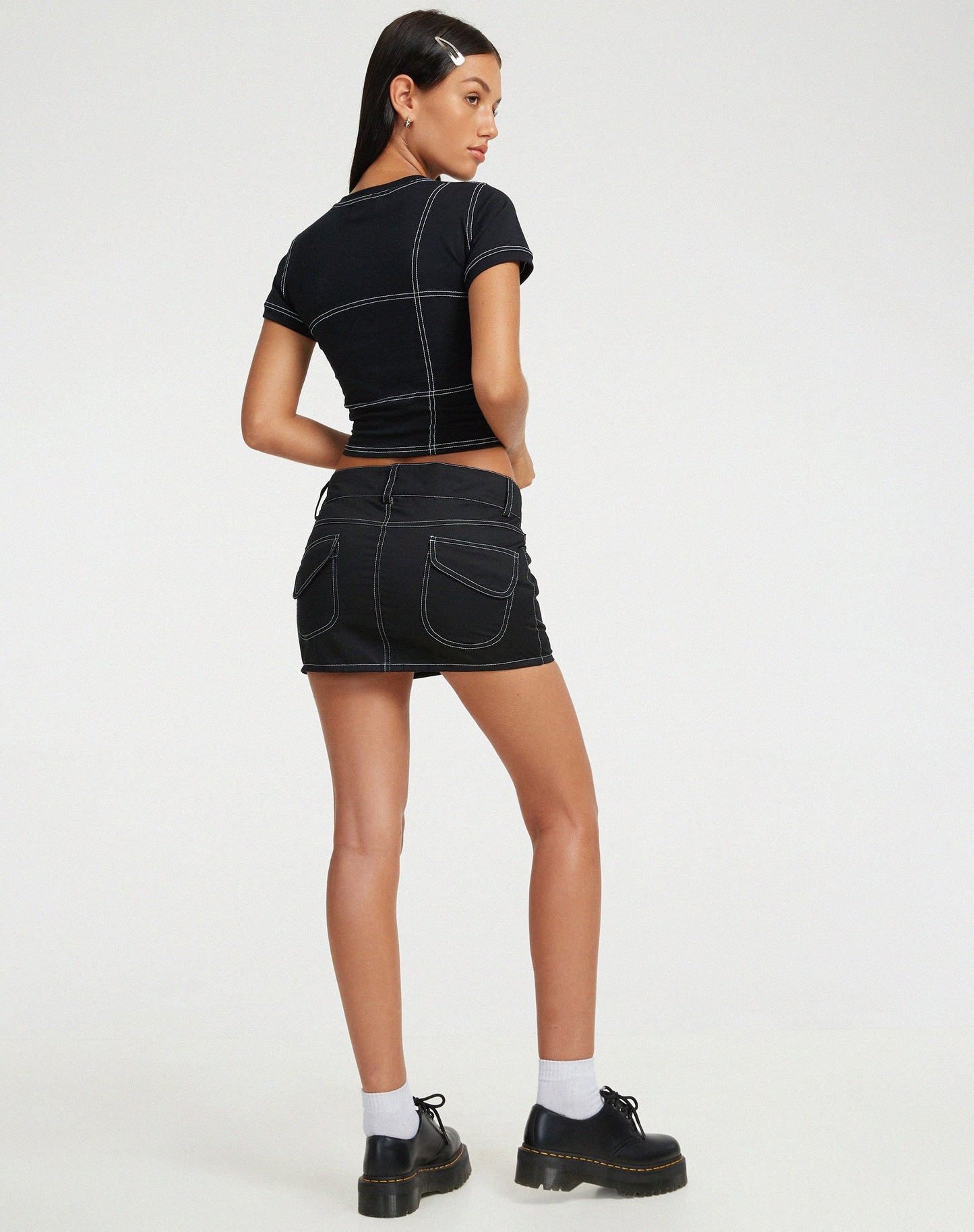 Shyla Cropped Tee in Black with White Stitch