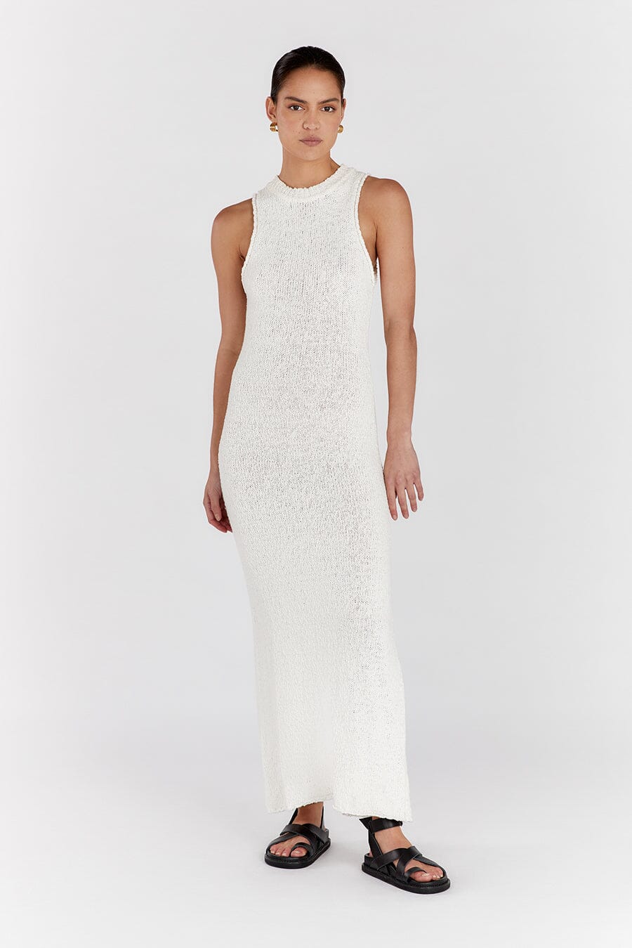 DION OFF WHITE BOUCLE CREW MAXI DRESS