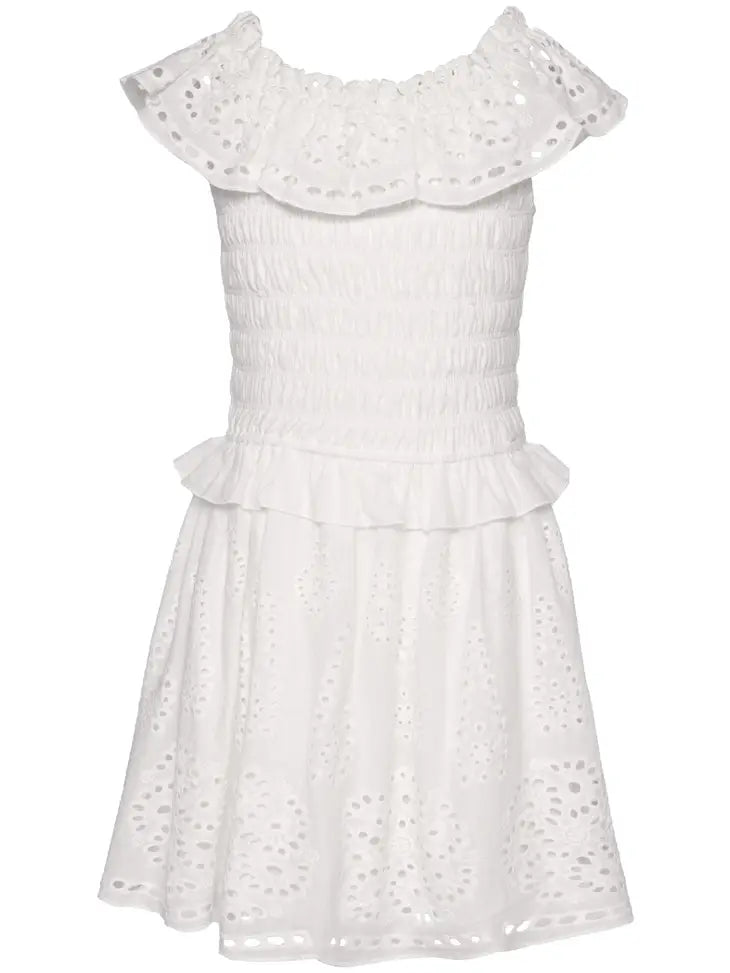 Smocked Bodice White Eyelet Dress