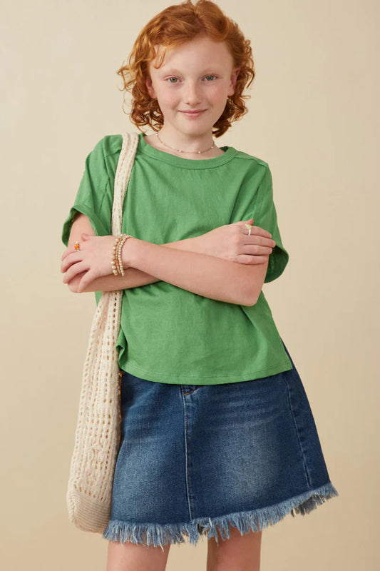 Raw Edge Detail Tri-blend Knit Dolman Tee, Green