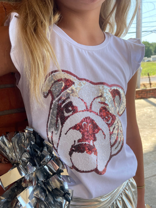 Sequin Bulldog Face Ruffle Tee