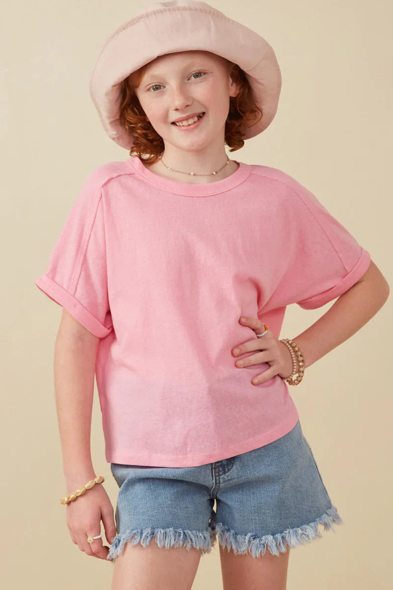 Raw Edge Detail Tri-blend Knit Dolman Tee, Pink