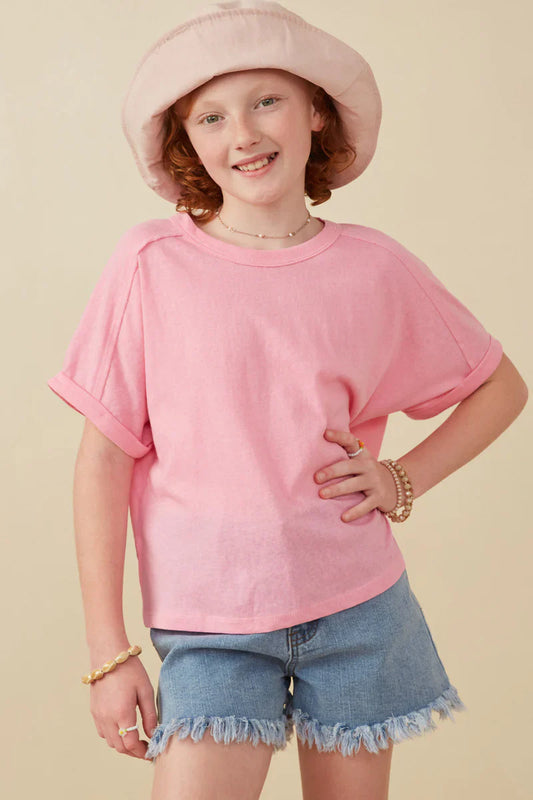 Raw Edge Detail Tri-blend Knit Dolman Tee, Pink